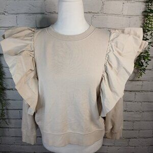 ZARA WOMENS FRILLED RUFFLE SWEATSHIRT, SIZE SMALL, CREAM COLOR, CROPPED